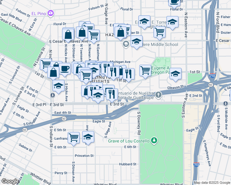 map of restaurants, bars, coffee shops, grocery stores, and more near 133 South Herbert Avenue in Los Angeles