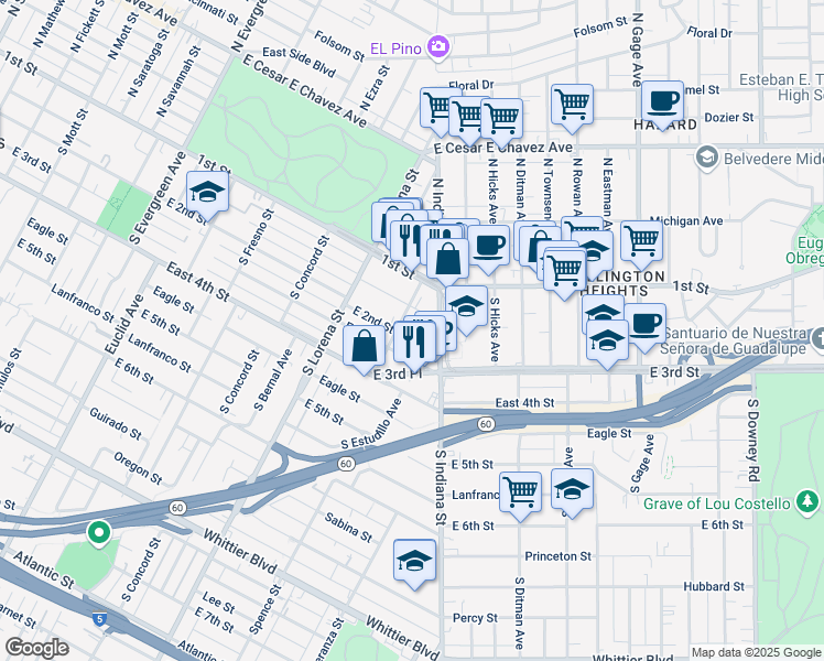 map of restaurants, bars, coffee shops, grocery stores, and more near 42441/2 East 2nd Street in Los Angeles