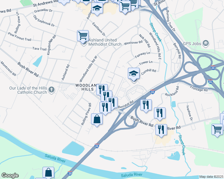 map of restaurants, bars, coffee shops, grocery stores, and more near 101 Butternut Lane in Columbia