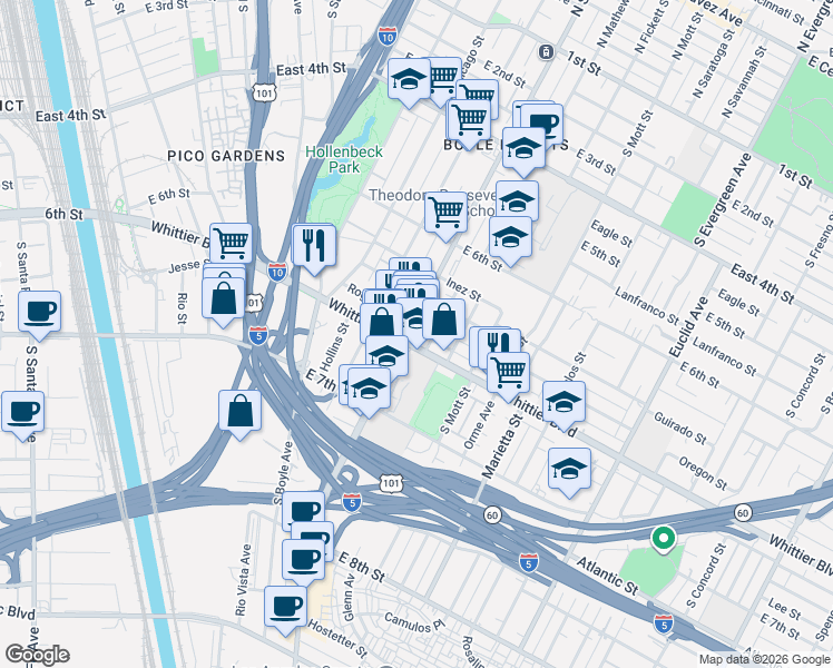 map of restaurants, bars, coffee shops, grocery stores, and more near 2403 Whittier Boulevard in Los Angeles