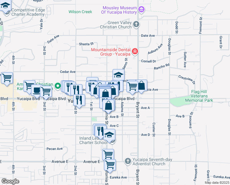 map of restaurants, bars, coffee shops, grocery stores, and more near 35158 Acacia Avenue in Yucaipa