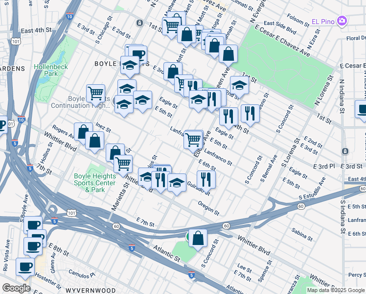 map of restaurants, bars, coffee shops, grocery stores, and more near 2850 Lanfranco Street in Los Angeles