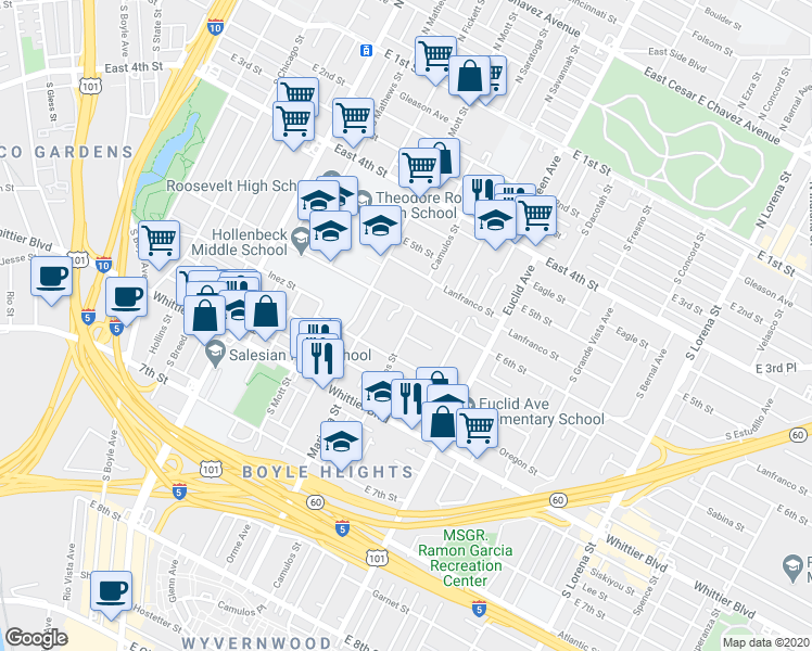 map of restaurants, bars, coffee shops, grocery stores, and more near 2734 East 6th Street in Los Angeles