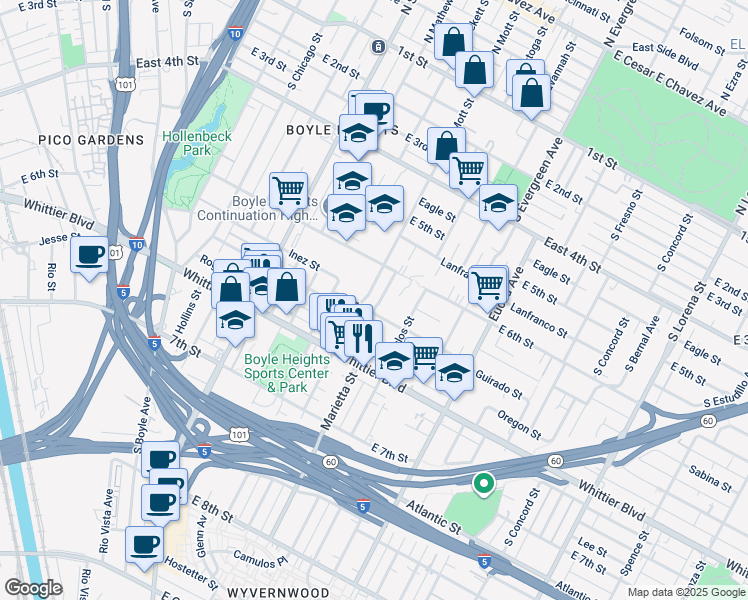map of restaurants, bars, coffee shops, grocery stores, and more near 632 South Mott Street in Los Angeles