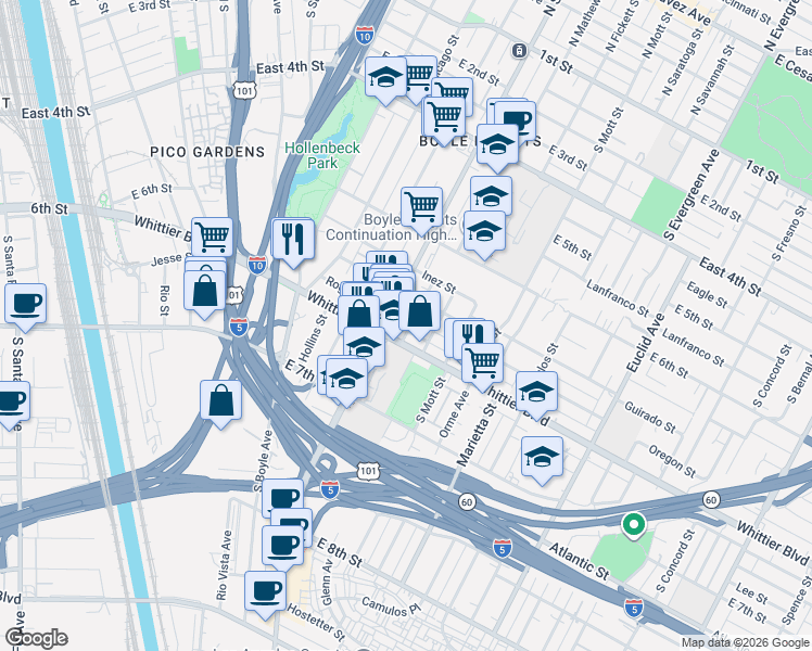 map of restaurants, bars, coffee shops, grocery stores, and more near 724 South Soto Street in Los Angeles