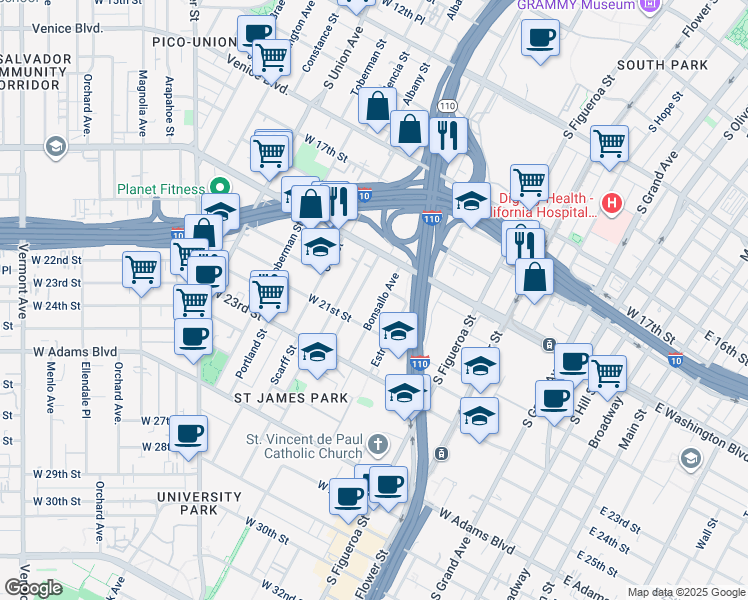 map of restaurants, bars, coffee shops, grocery stores, and more near 1934 Park Grove Avenue in Los Angeles