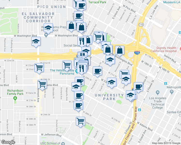 map of restaurants, bars, coffee shops, grocery stores, and more near 1039 West 23rd Street in Los Angeles