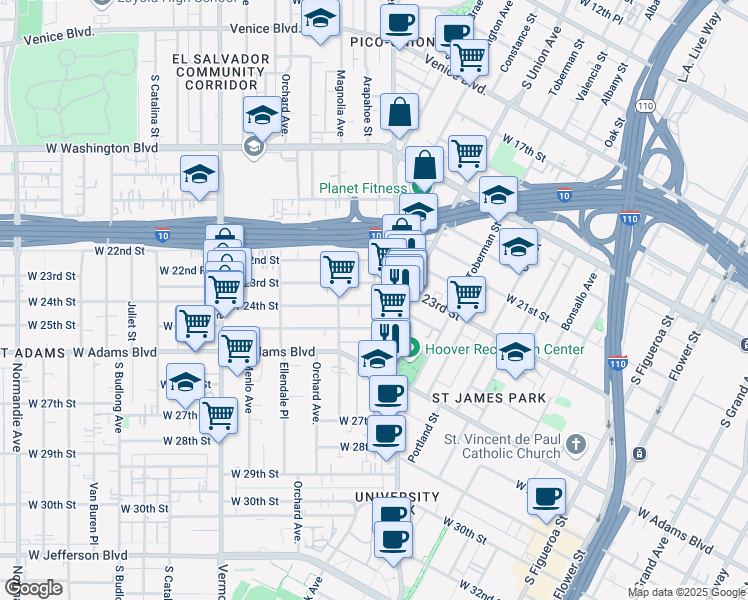 map of restaurants, bars, coffee shops, grocery stores, and more near 1258 West 23rd Street in Los Angeles