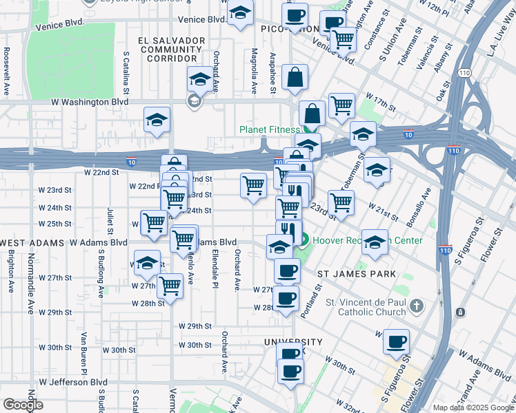 map of restaurants, bars, coffee shops, grocery stores, and more near 1258 West 23rd Street in Los Angeles
