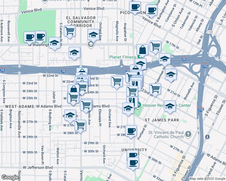 map of restaurants, bars, coffee shops, grocery stores, and more near 1314 West 23rd Street in Los Angeles