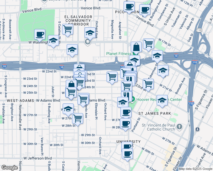 map of restaurants, bars, coffee shops, grocery stores, and more near 1314 West 23rd Street in Los Angeles