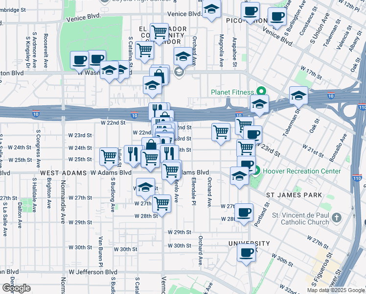 map of restaurants, bars, coffee shops, grocery stores, and more near 1430 West 23rd Street in Los Angeles