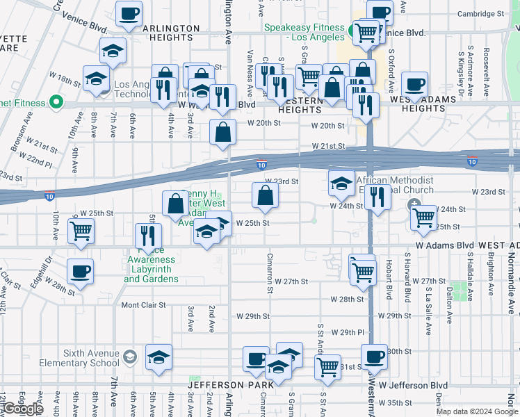 map of restaurants, bars, coffee shops, grocery stores, and more near 2215 West 24th Street in Los Angeles