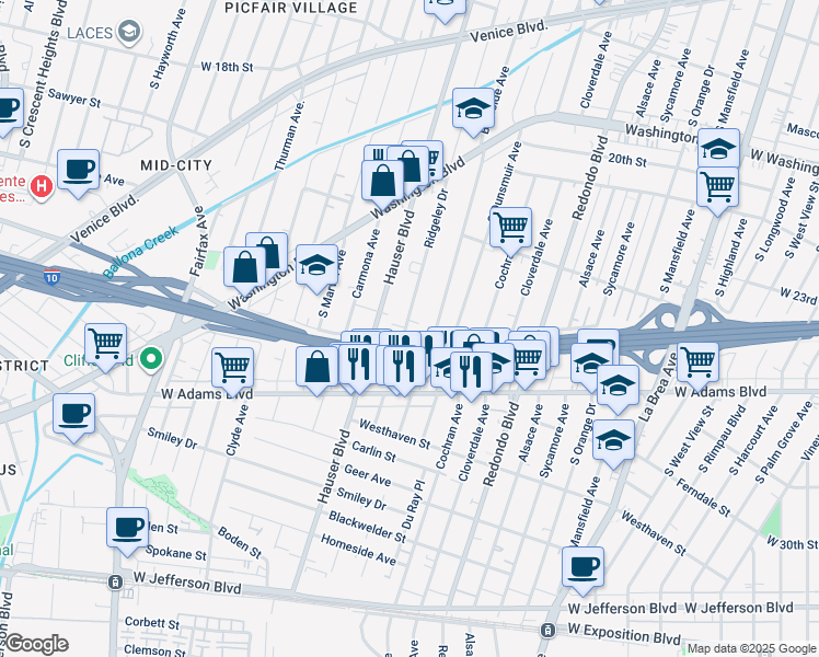 map of restaurants, bars, coffee shops, grocery stores, and more near 2404 1/4 Ridgeley Drive in Los Angeles