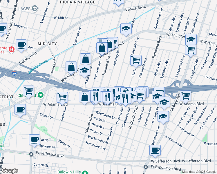 map of restaurants, bars, coffee shops, grocery stores, and more near 2404 1/4 Ridgeley Drive in Los Angeles