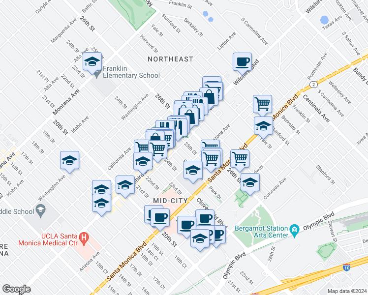 map of restaurants, bars, coffee shops, grocery stores, and more near 1221 25th Street in Santa Monica