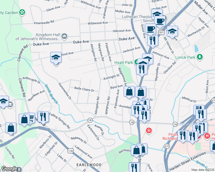 map of restaurants, bars, coffee shops, grocery stores, and more near 3714 Margrave Road in Columbia