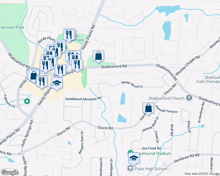 map of restaurants, bars, coffee shops, grocery stores, and more near 3312 Winter Wood Court in Marietta