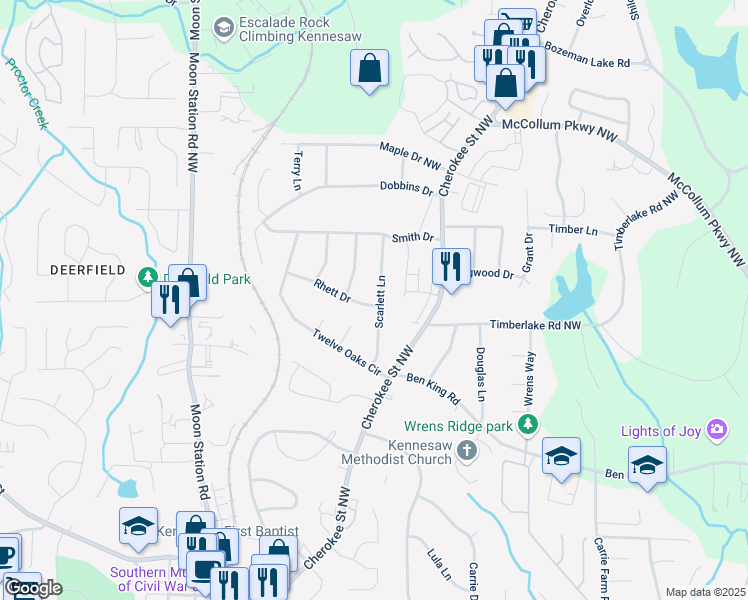 map of restaurants, bars, coffee shops, grocery stores, and more near 1001 Rhett Drive in Kennesaw