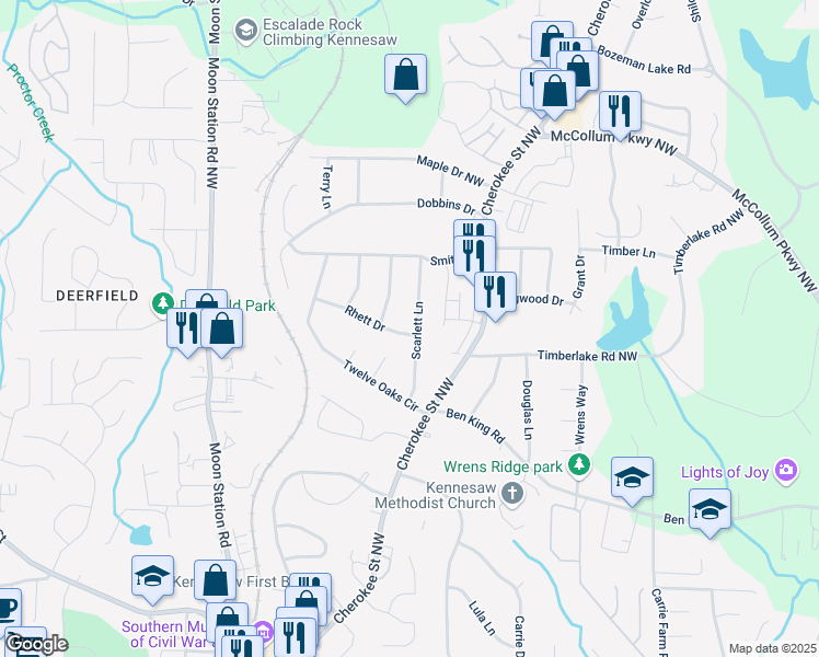 map of restaurants, bars, coffee shops, grocery stores, and more near 1001 Rhett Drive in Kennesaw