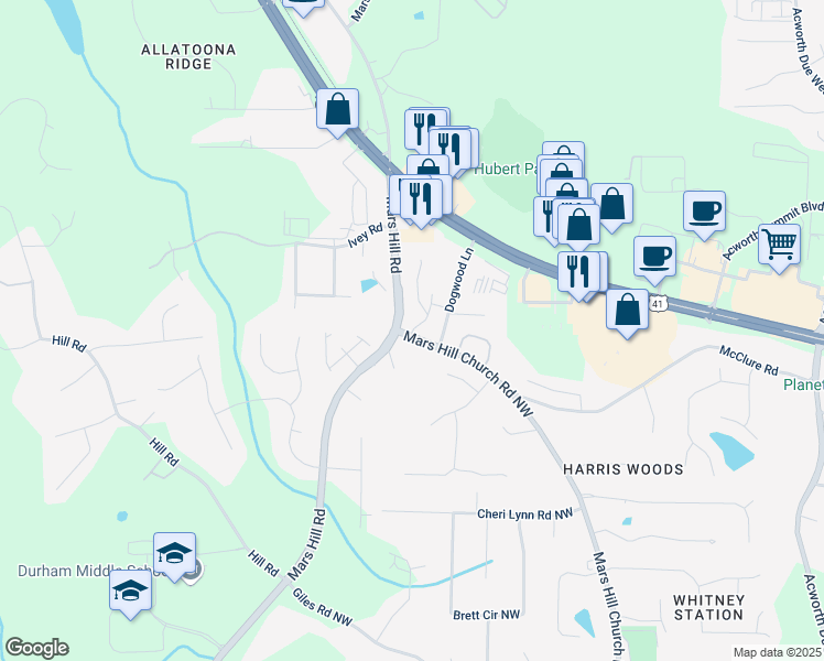 map of restaurants, bars, coffee shops, grocery stores, and more near 1862 Mars Hill Road in Acworth
