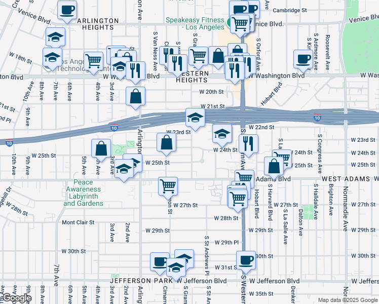 map of restaurants, bars, coffee shops, grocery stores, and more near 2171 West 24th Street in Los Angeles