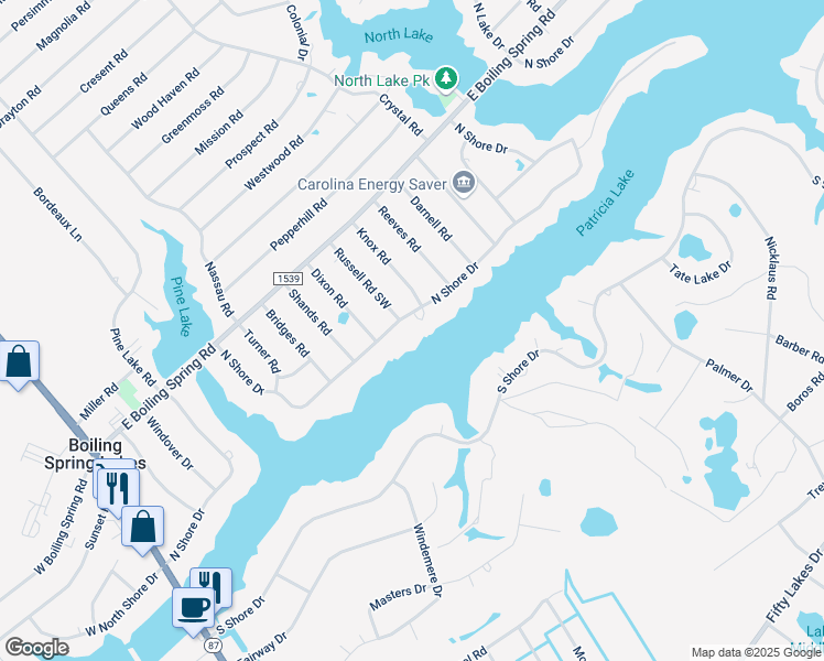 map of restaurants, bars, coffee shops, grocery stores, and more near 575 North Shore Drive in Southport