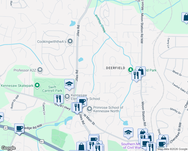 map of restaurants, bars, coffee shops, grocery stores, and more near 2618 McGuire Drive in Kennesaw