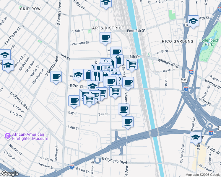 map of restaurants, bars, coffee shops, grocery stores, and more near E 7th St & Mateo St in Los Angeles