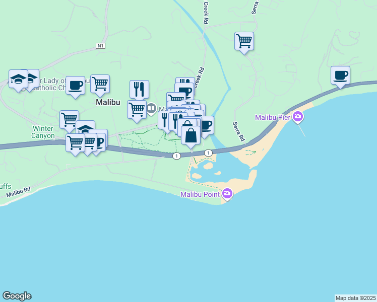map of restaurants, bars, coffee shops, grocery stores, and more near 23405 Pacific Coast Highway in Malibu