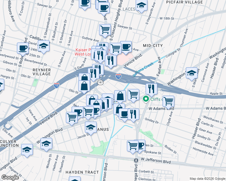 map of restaurants, bars, coffee shops, grocery stores, and more near 6042 Dauphin Ave. in Los Angeles