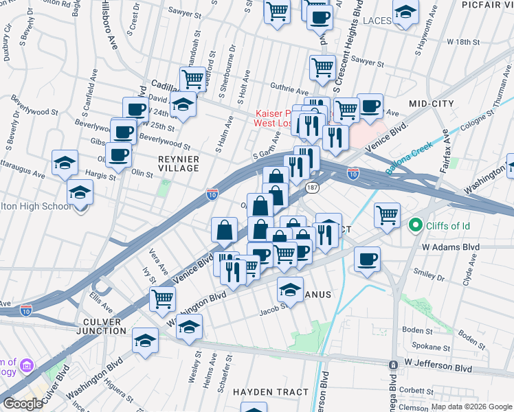 map of restaurants, bars, coffee shops, grocery stores, and more near 2641 Chariton Street in Los Angeles