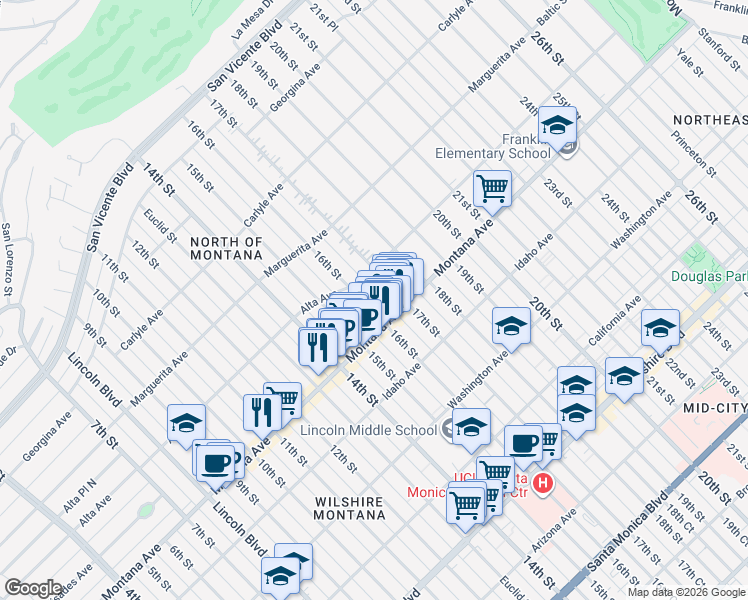 map of restaurants, bars, coffee shops, grocery stores, and more near 703 16th Street in Santa Monica