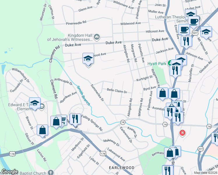 map of restaurants, bars, coffee shops, grocery stores, and more near 424 Cumberland Drive in Columbia