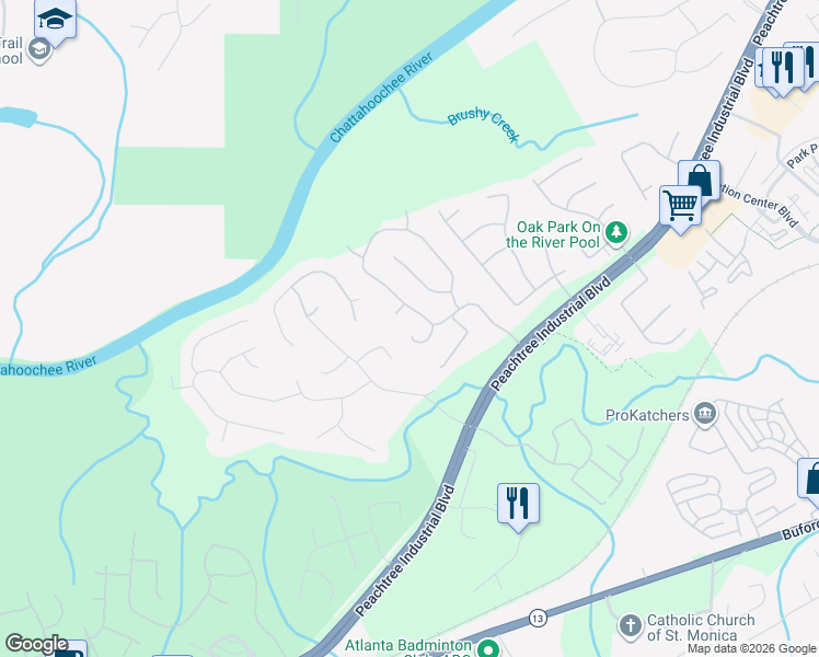 map of restaurants, bars, coffee shops, grocery stores, and more near 1729 Katie Lane in Suwanee