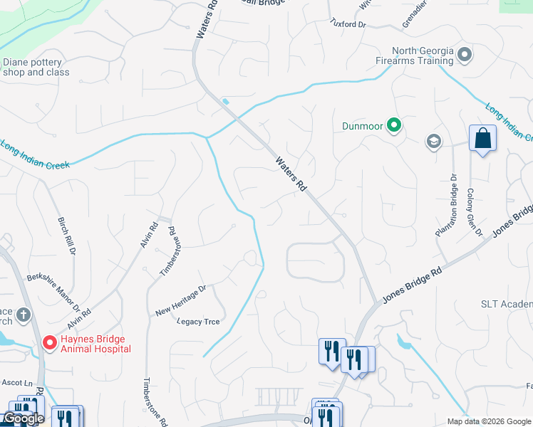 map of restaurants, bars, coffee shops, grocery stores, and more near 220 Wood Trace Drive in Alpharetta