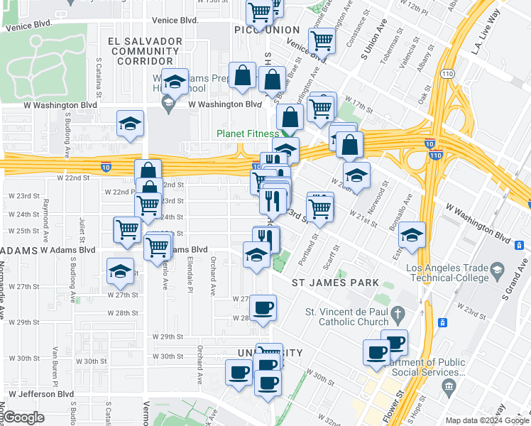 map of restaurants, bars, coffee shops, grocery stores, and more near 2313 Hoover Street in Los Angeles