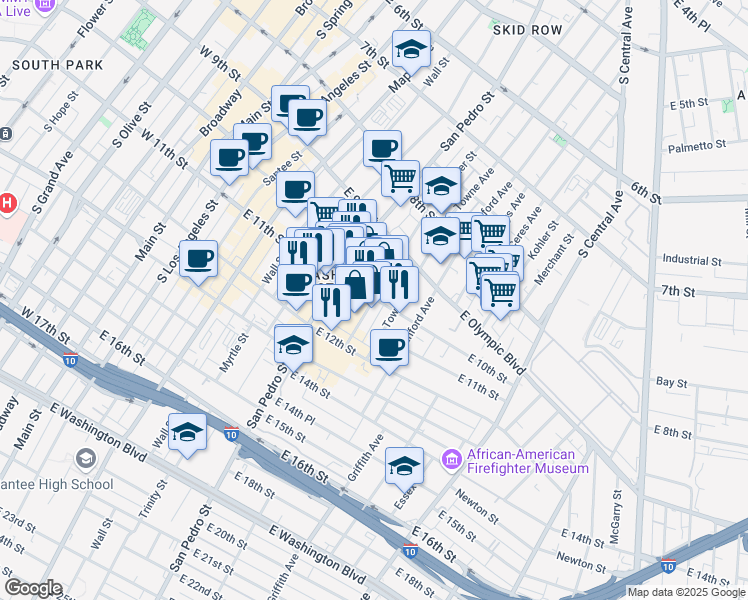 map of restaurants, bars, coffee shops, grocery stores, and more near 1001 Crocker Street in Los Angeles