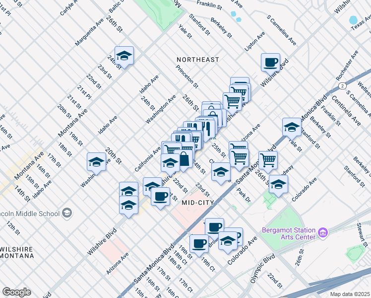 map of restaurants, bars, coffee shops, grocery stores, and more near 1133 24th Street in Santa Monica