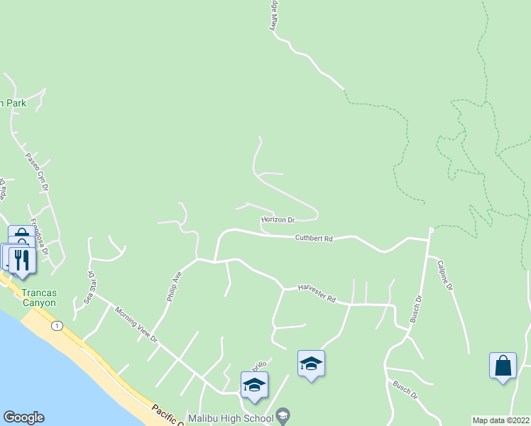 map of restaurants, bars, coffee shops, grocery stores, and more near 30010 Andromeda Lane in Malibu