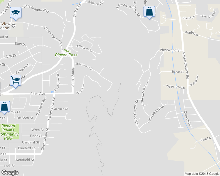 map of restaurants, bars, coffee shops, grocery stores, and more near Westwood Lane in Grand Terrace