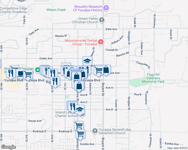 map of restaurants, bars, coffee shops, grocery stores, and more near 35232 Acacia Avenue in Yucaipa