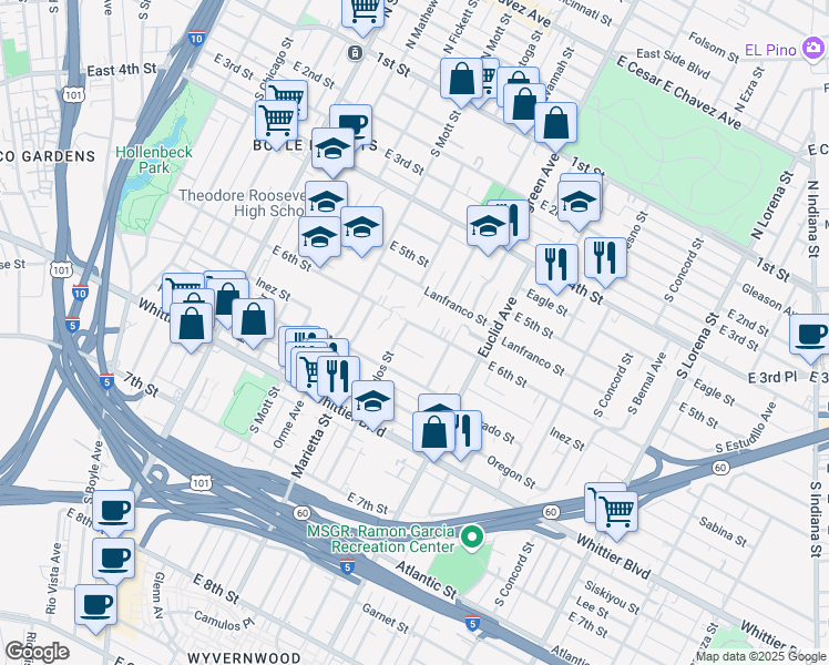 map of restaurants, bars, coffee shops, grocery stores, and more near 2810 East 6th Street in Los Angeles