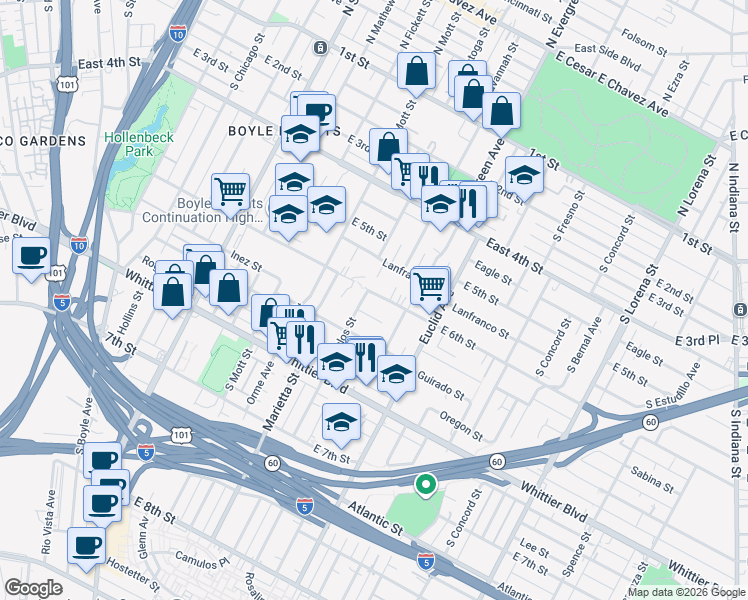 map of restaurants, bars, coffee shops, grocery stores, and more near 2810 East 6th Street in Los Angeles