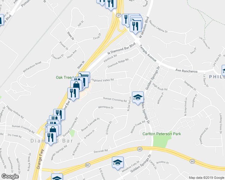 map of restaurants, bars, coffee shops, grocery stores, and more near 23907 Sapphire Canyon Road in Diamond Bar