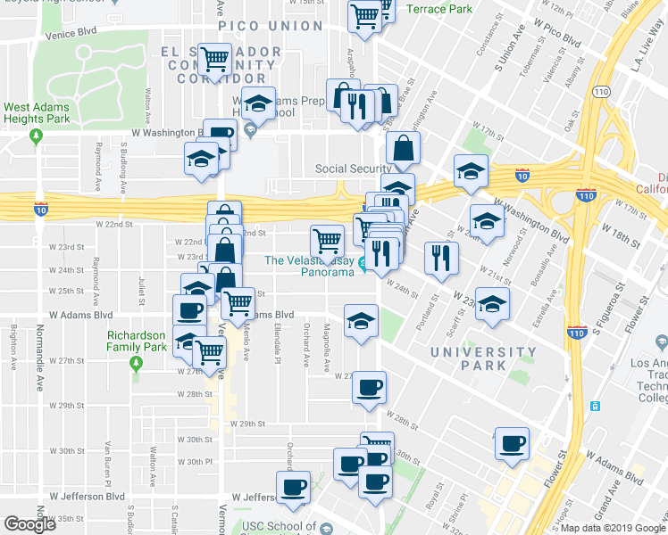 map of restaurants, bars, coffee shops, grocery stores, and more near 1183 West 24th Street in Los Angeles