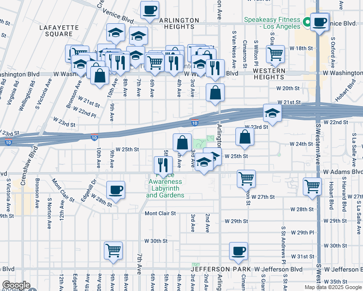 map of restaurants, bars, coffee shops, grocery stores, and more near 2411 4th Avenue in Los Angeles