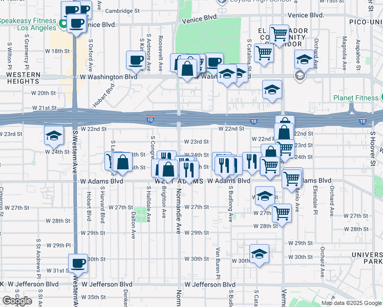 map of restaurants, bars, coffee shops, grocery stores, and more near 1661 1/2 West 24th Street in Los Angeles