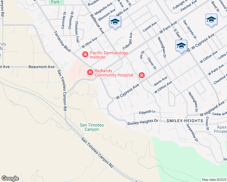 map of restaurants, bars, coffee shops, grocery stores, and more near 555 Terracina Boulevard in Redlands