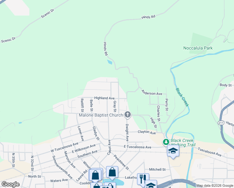 map of restaurants, bars, coffee shops, grocery stores, and more near 1304 Fowler Street in Gadsden
